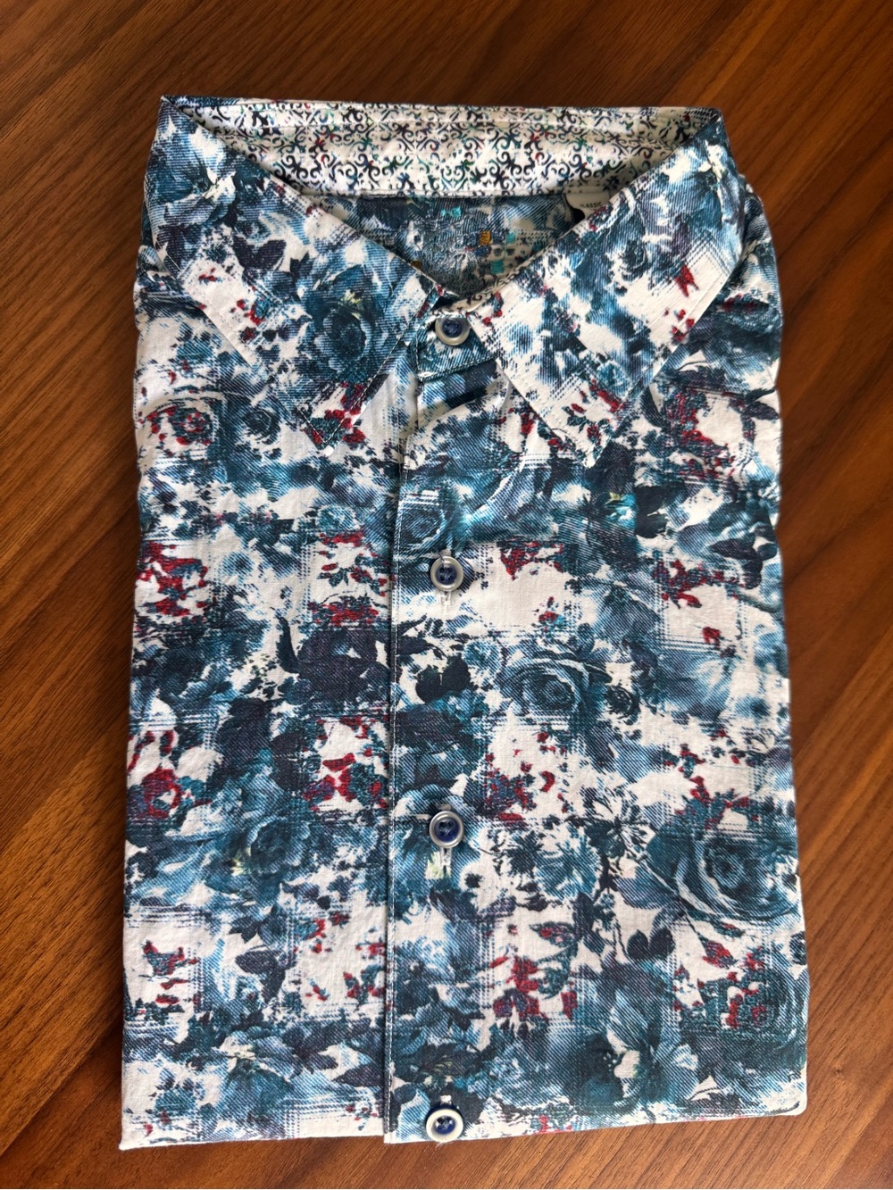 Robert Graham Blue and White Floral Button-Down Shirt with Red Accents